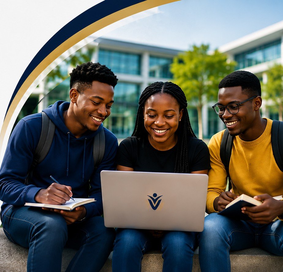 Ghanaian students collaborating in high-performance digital environment
